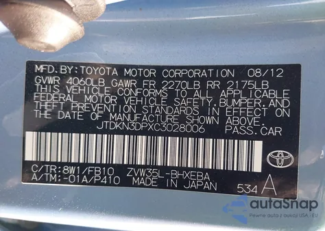 2012 Toyota Prius Plug-In z USA, uszkodzony, nr VIN JTDKN3DPXC3028006